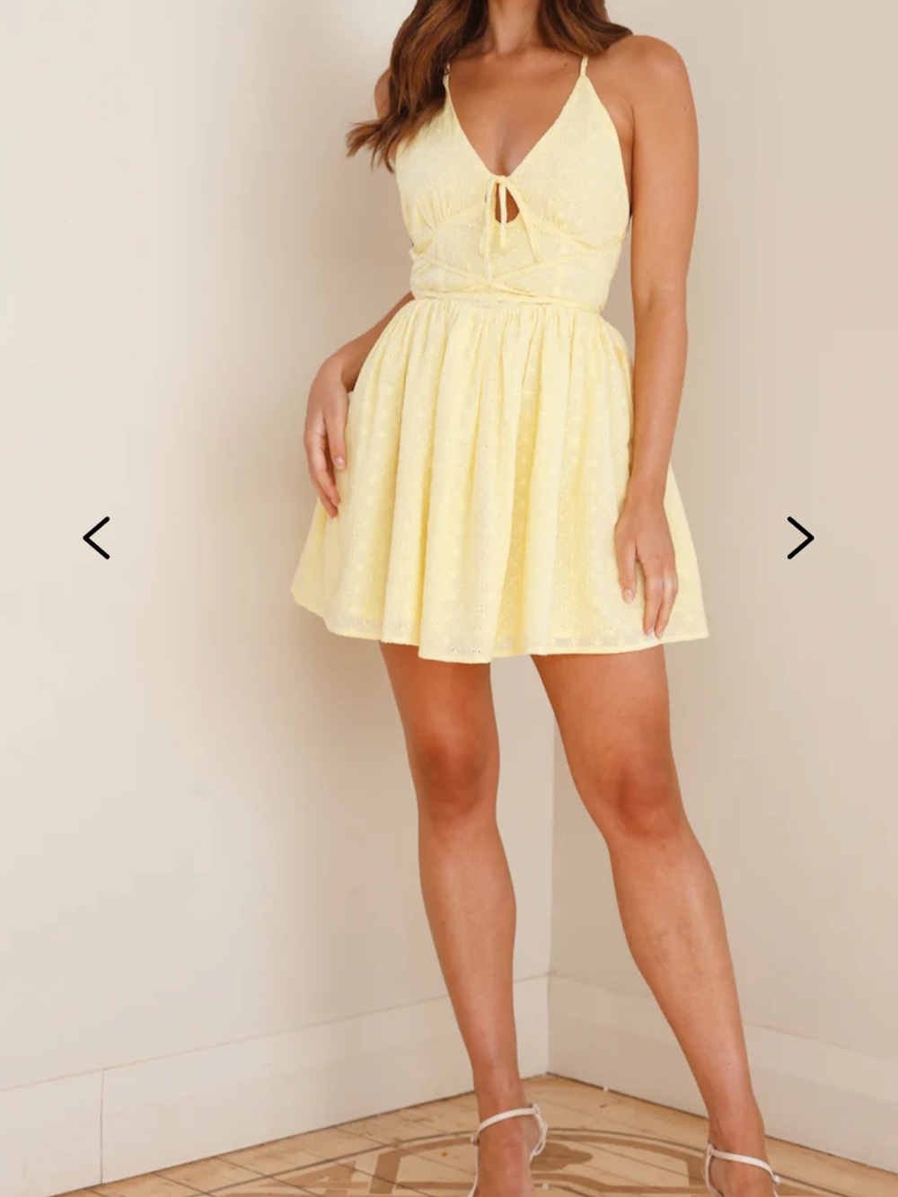 Hello Molly Pale Yellow Eyelet Tie-Front Mini Dress